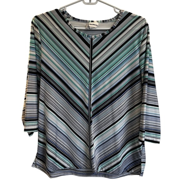 BonWorth Tops - BonWorth Womens Petite Medium Teal Blue Striped 3/4 Sleeve Top 45903